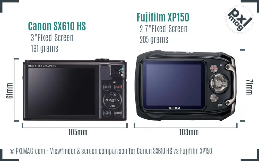 Canon SX610 HS vs Fujifilm XP150 Screen and Viewfinder comparison