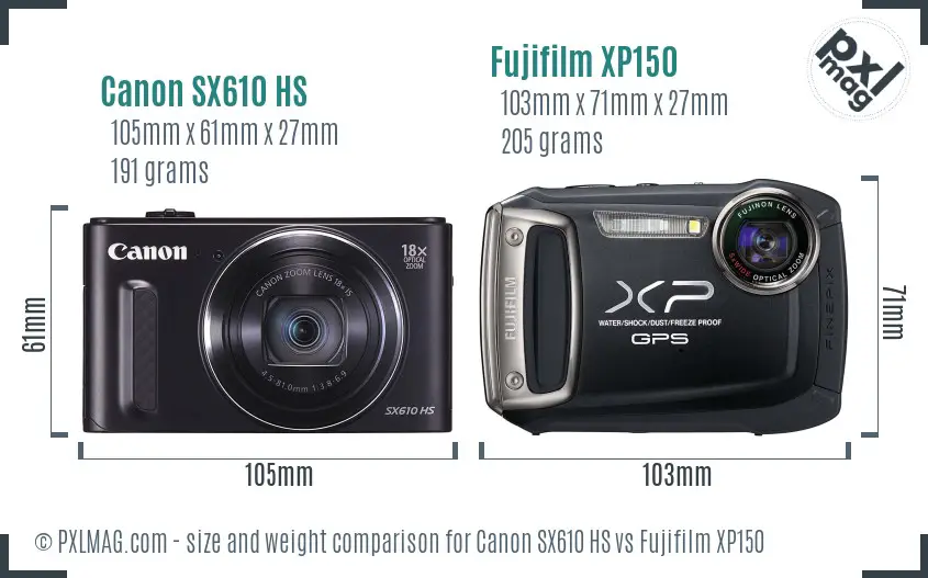 Canon SX610 HS vs Fujifilm XP150 size comparison