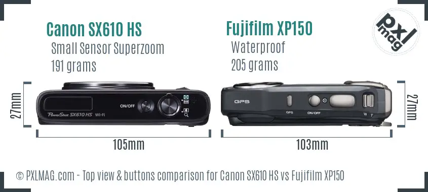 Canon SX610 HS vs Fujifilm XP150 top view buttons comparison