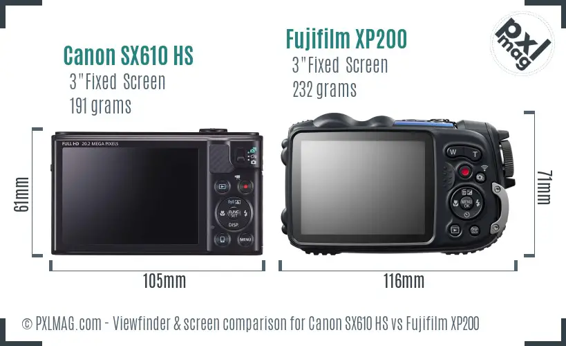 Canon SX610 HS vs Fujifilm XP200 Screen and Viewfinder comparison