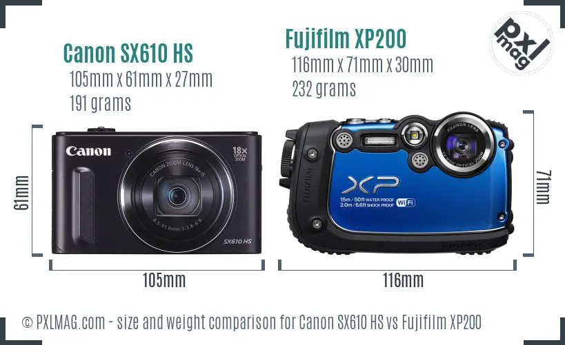 Canon SX610 HS vs Fujifilm XP200 size comparison