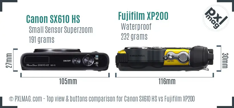 Canon SX610 HS vs Fujifilm XP200 top view buttons comparison