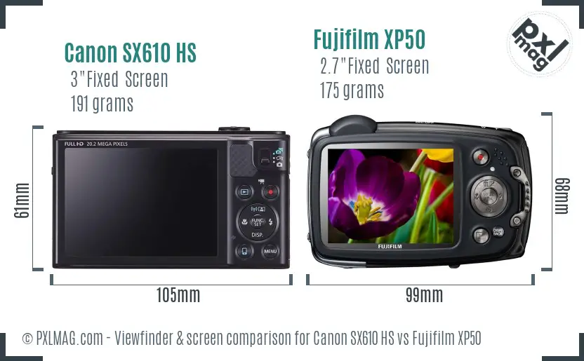 Canon SX610 HS vs Fujifilm XP50 Screen and Viewfinder comparison