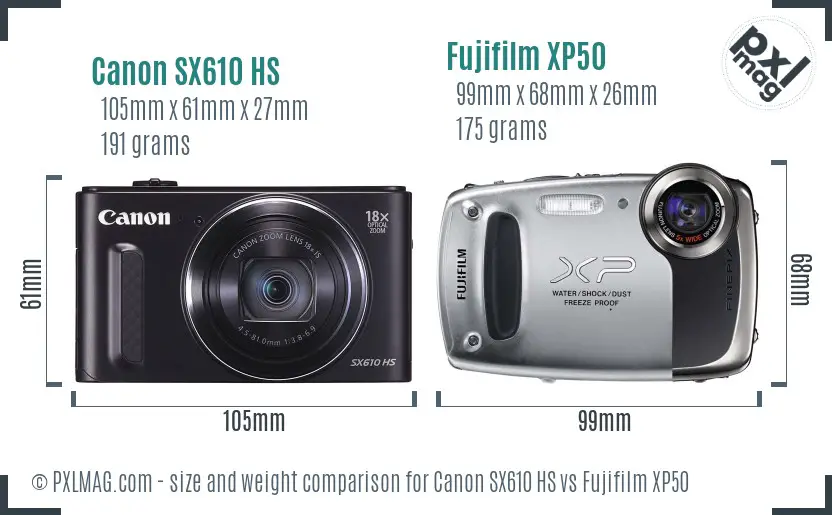 Canon SX610 HS vs Fujifilm XP50 size comparison