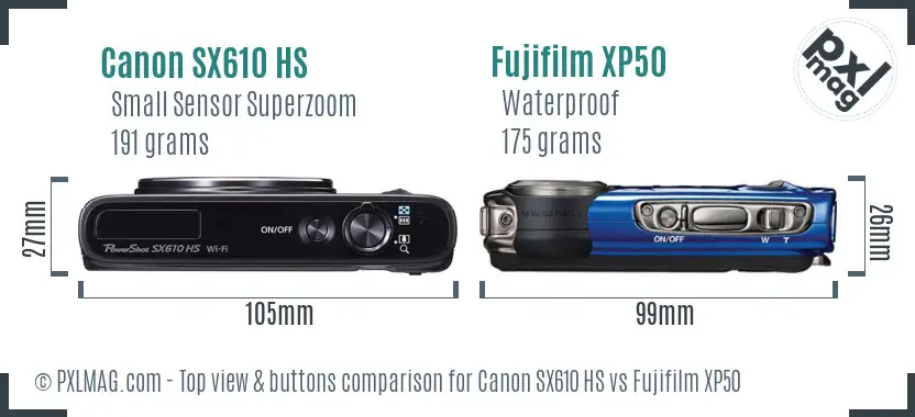 Canon SX610 HS vs Fujifilm XP50 top view buttons comparison