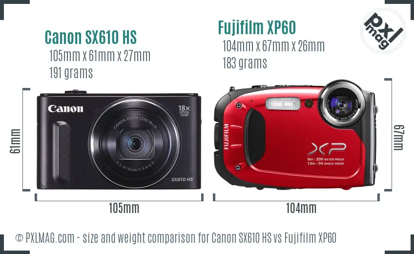 Canon SX610 HS vs Fujifilm XP60 size comparison