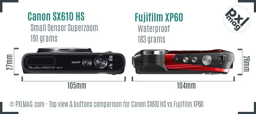 Canon SX610 HS vs Fujifilm XP60 top view buttons comparison