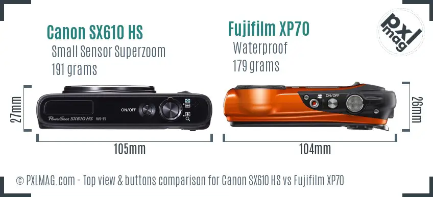 Canon SX610 HS vs Fujifilm XP70 top view buttons comparison Canon SX610 HS vs Fujifilm XP70 top view buttons comparison