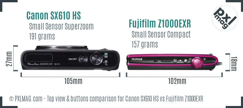 Canon SX610 HS vs Fujifilm Z1000EXR top view buttons comparison
