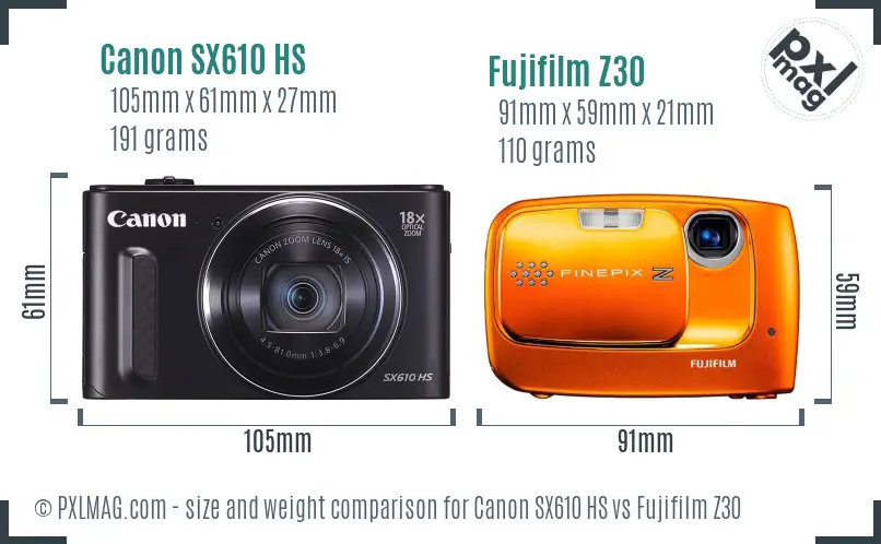 Canon SX610 HS vs Fujifilm Z30 size comparison