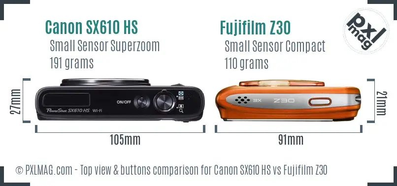 Canon SX610 HS vs Fujifilm Z30 top view buttons comparison