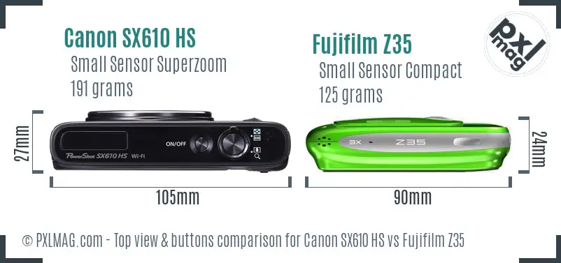 Canon SX610 HS vs Fujifilm Z35 top view buttons comparison Canon SX610 HS vs Fujifilm Z35 top view buttons comparison