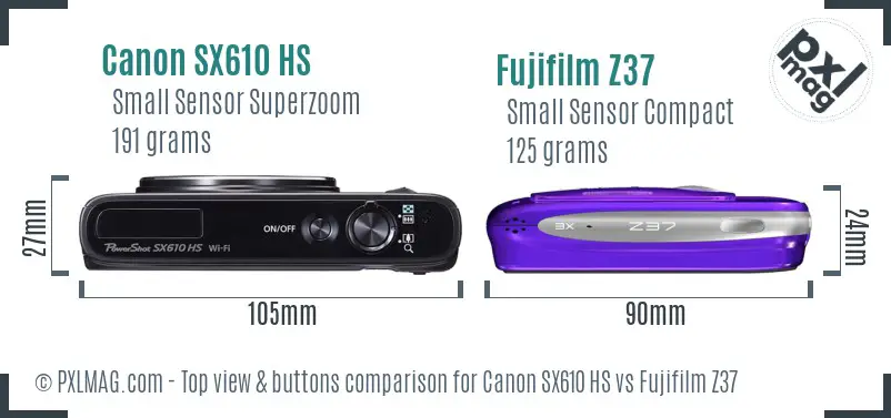 Canon SX610 HS vs Fujifilm Z37 top view buttons comparison
