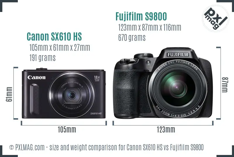 Canon SX610 HS vs Fujifilm S9800 size comparison