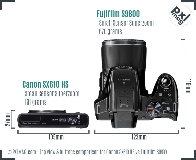 Canon SX610 HS vs Fujifilm S9800 top view buttons comparison