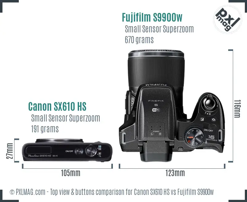 Canon SX610 HS vs Fujifilm S9900w top view buttons comparison