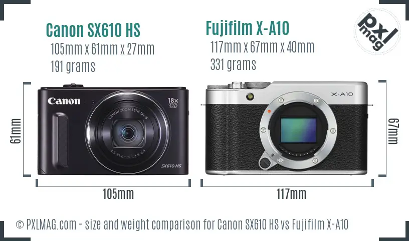 Canon SX610 HS vs Fujifilm X-A10 size comparison