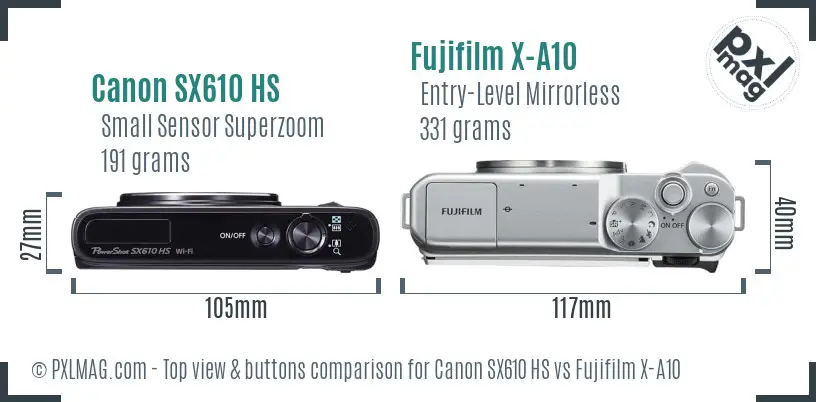 Canon SX610 HS vs Fujifilm X-A10 top view buttons comparison
