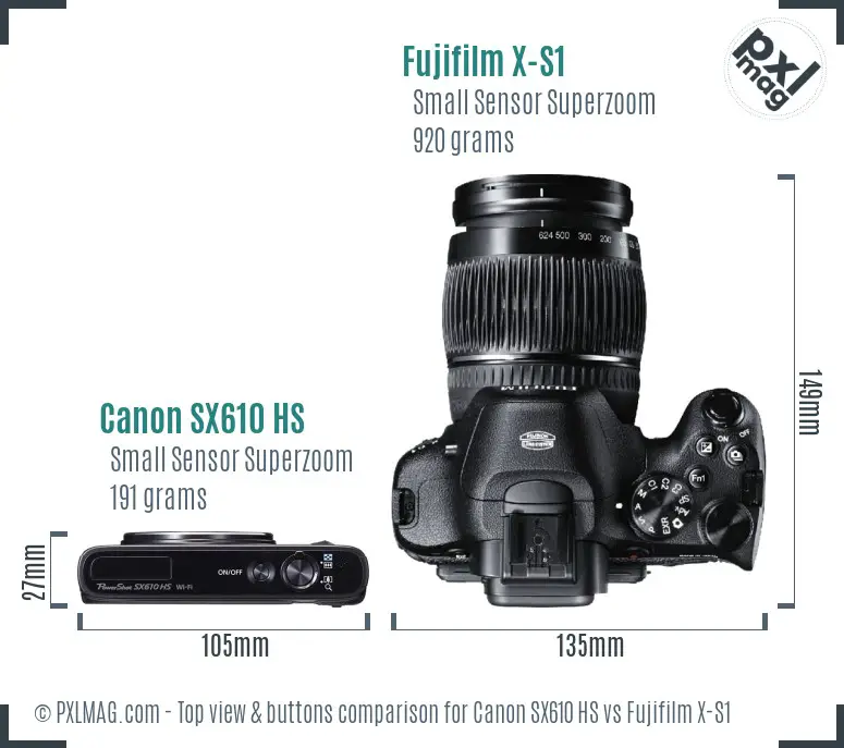 Canon SX610 HS vs Fujifilm X-S1 top view buttons comparison