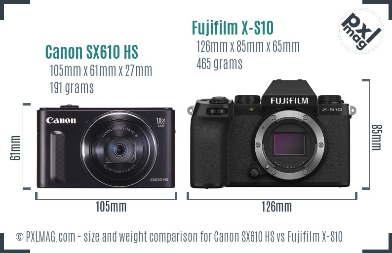 Canon SX610 HS vs Fujifilm X-S10 size comparison Canon SX610 HS vs Fujifilm X-S10 size comparison