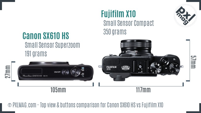 Canon SX610 HS vs Fujifilm X10 top view buttons comparison