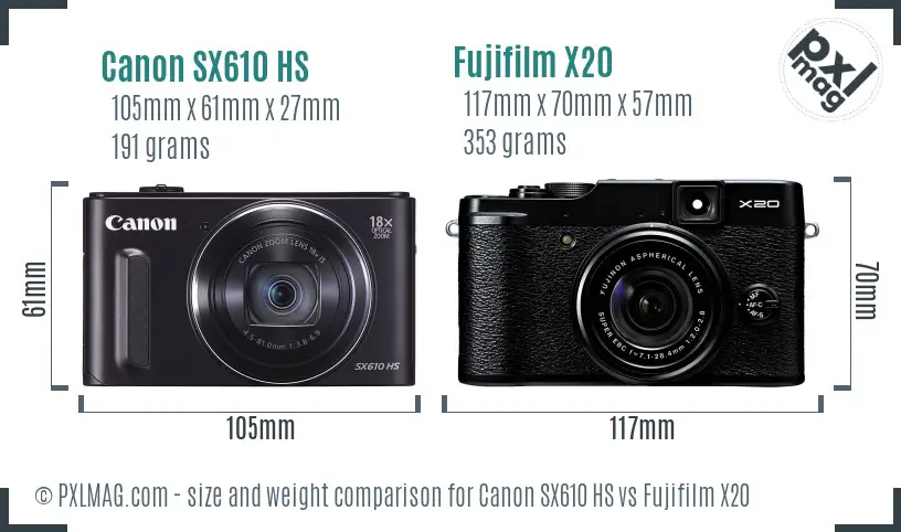 Canon SX610 HS vs Fujifilm X20 size comparison