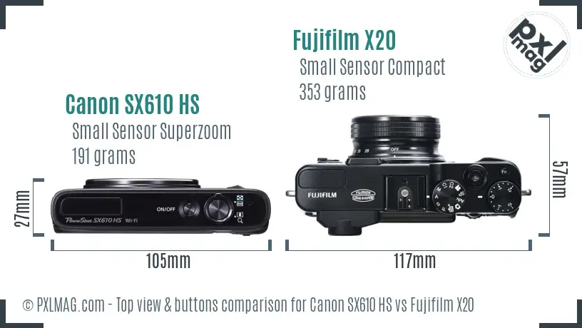 Canon SX610 HS vs Fujifilm X20 top view buttons comparison