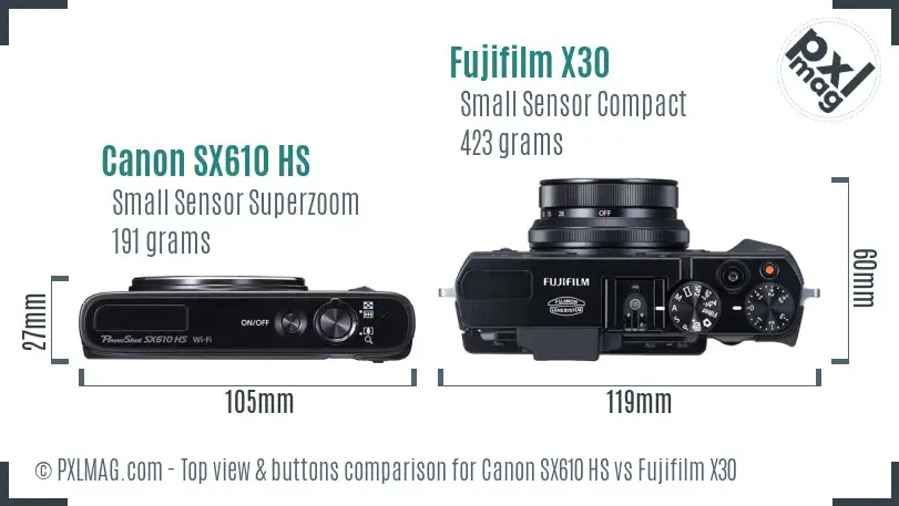 Canon SX610 HS vs Fujifilm X30 top view buttons comparison
