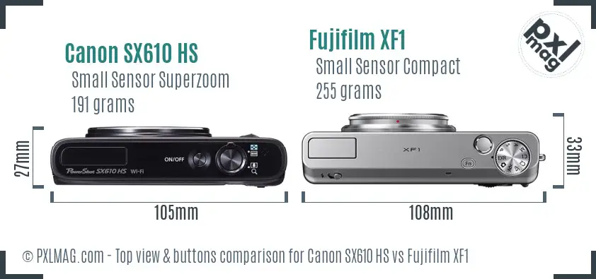Canon SX610 HS vs Fujifilm XF1 top view buttons comparison Canon SX610 HS vs Fujifilm XF1 top view buttons comparison
