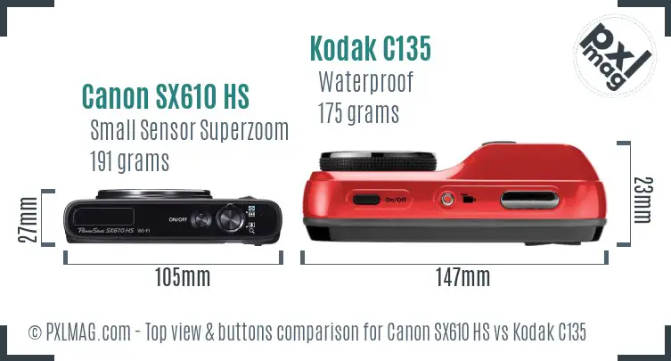 Canon SX610 HS vs Kodak C135 top view buttons comparison Canon SX610 HS vs Kodak C135 top view buttons comparison