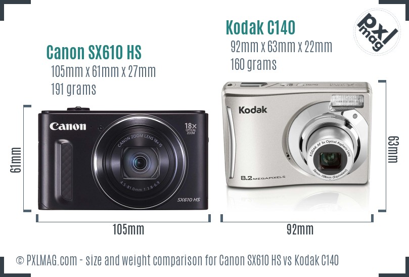 Canon SX610 HS vs Kodak C140 size comparison