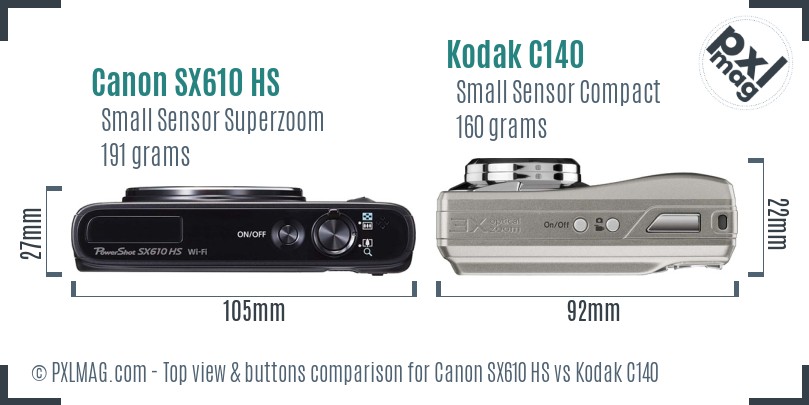 Canon SX610 HS vs Kodak C140 top view buttons comparison