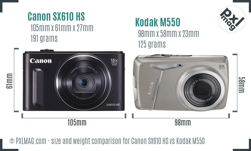 Canon SX610 HS vs Kodak M550 size comparison
