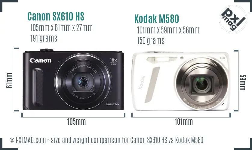 Canon SX610 HS vs Kodak M580 size comparison