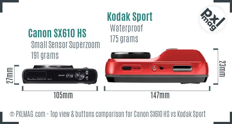Canon SX610 HS vs Kodak Sport top view buttons comparison Canon SX610 HS vs Kodak Sport top view buttons comparison