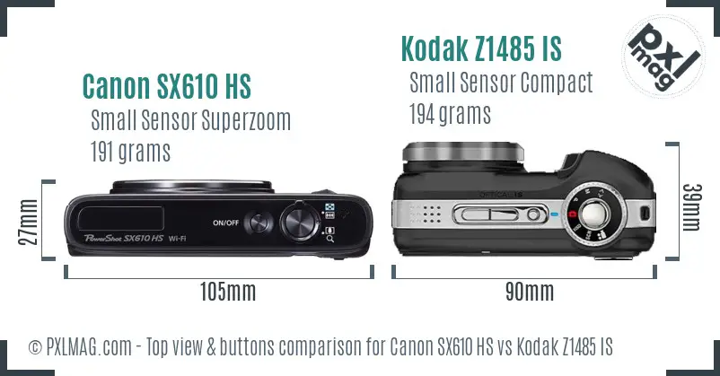 Canon SX610 HS vs Kodak Z1485 IS top view buttons comparison Canon SX610 HS vs Kodak Z1485 IS top view buttons comparison