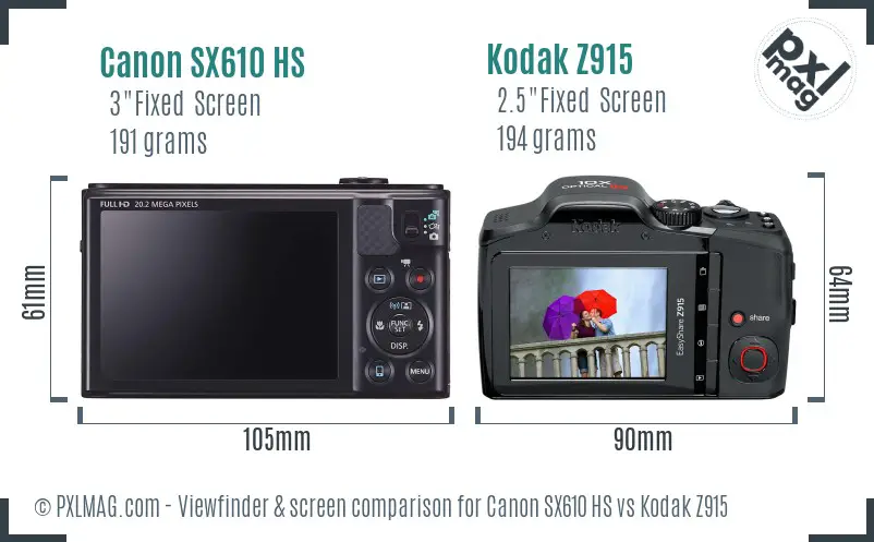 Canon SX610 HS vs Kodak Z915 Screen and Viewfinder comparison