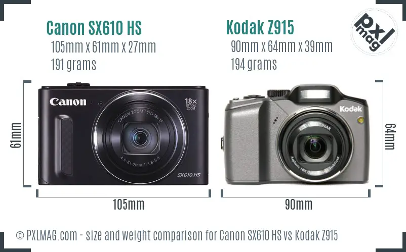 Canon SX610 HS vs Kodak Z915 size comparison