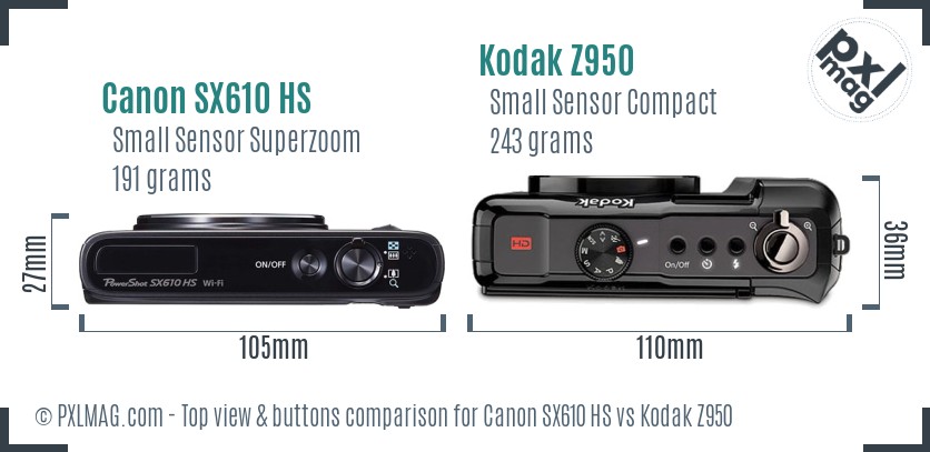 Canon SX610 HS vs Kodak Z950 top view buttons comparison