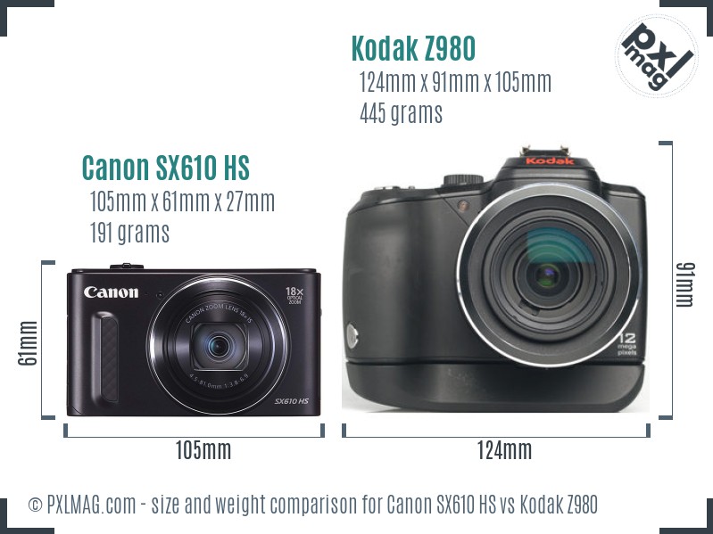 Canon SX610 HS vs Kodak Z980 size comparison