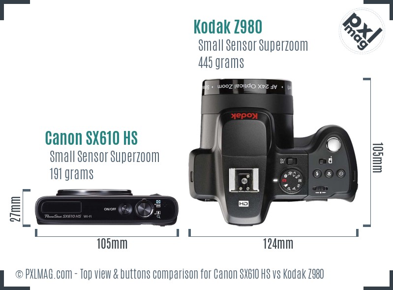 Canon SX610 HS vs Kodak Z980 top view buttons comparison