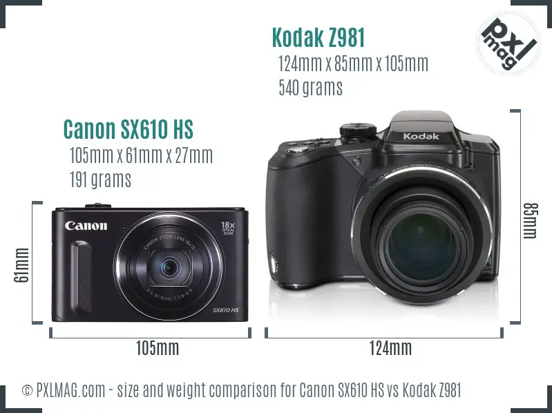 Canon SX610 HS vs Kodak Z981 size comparison