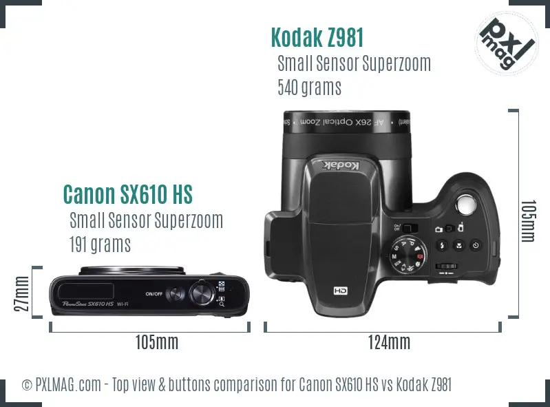 Canon SX610 HS vs Kodak Z981 top view buttons comparison