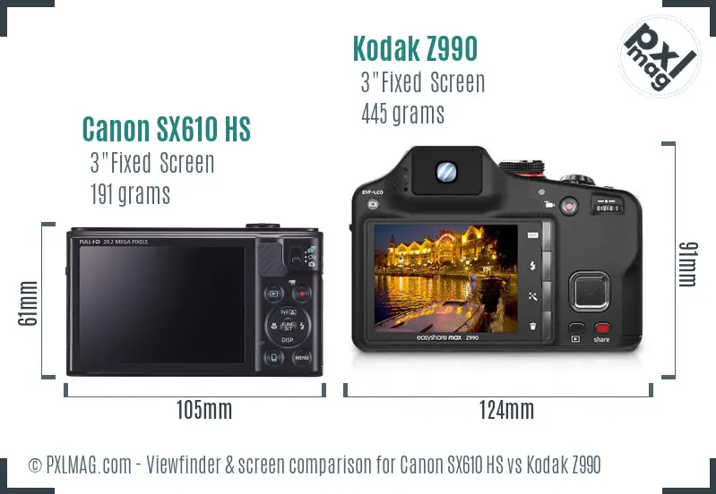Canon SX610 HS vs Kodak Z990 Screen and Viewfinder comparison