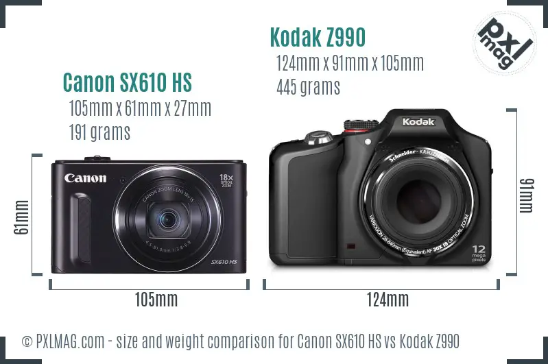 Canon SX610 HS vs Kodak Z990 size comparison