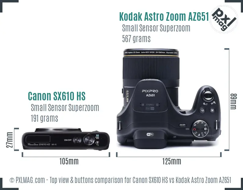 Canon SX610 HS vs Kodak Astro Zoom AZ651 top view buttons comparison