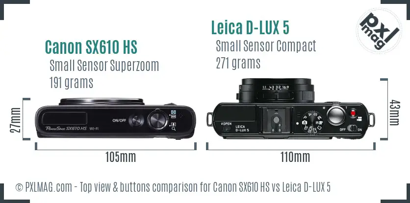 Canon SX610 HS vs Leica D-LUX 5 top view buttons comparison