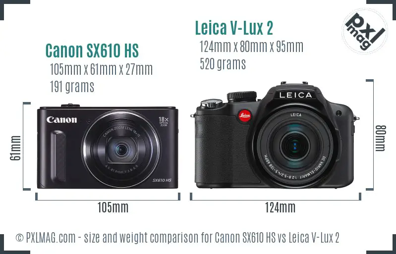 Canon SX610 HS vs Leica V-Lux 2 size comparison