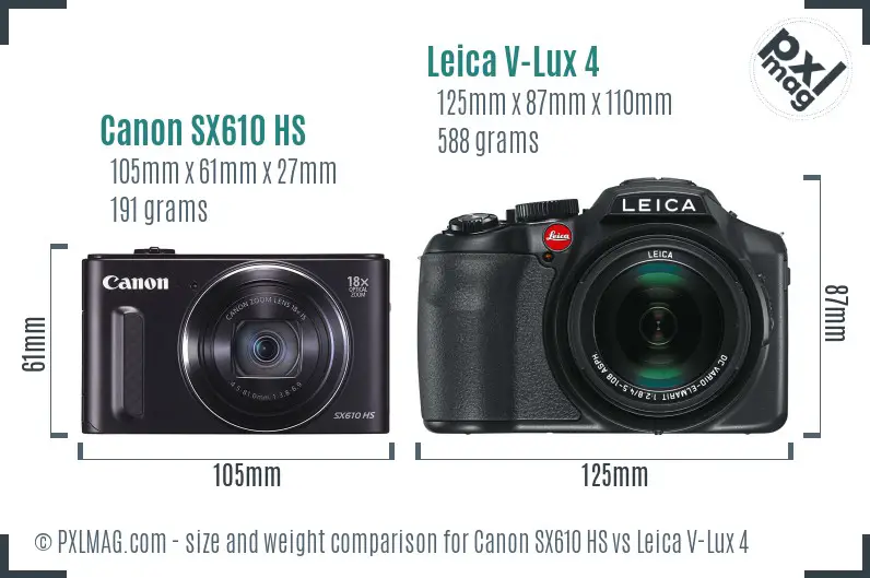 Canon SX610 HS vs Leica V-Lux 4 size comparison