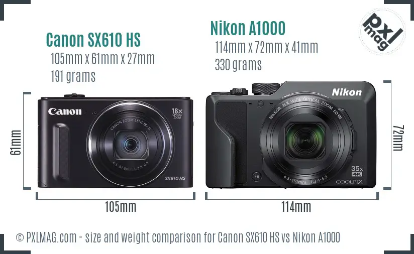 Canon SX610 HS vs Nikon A1000 size comparison